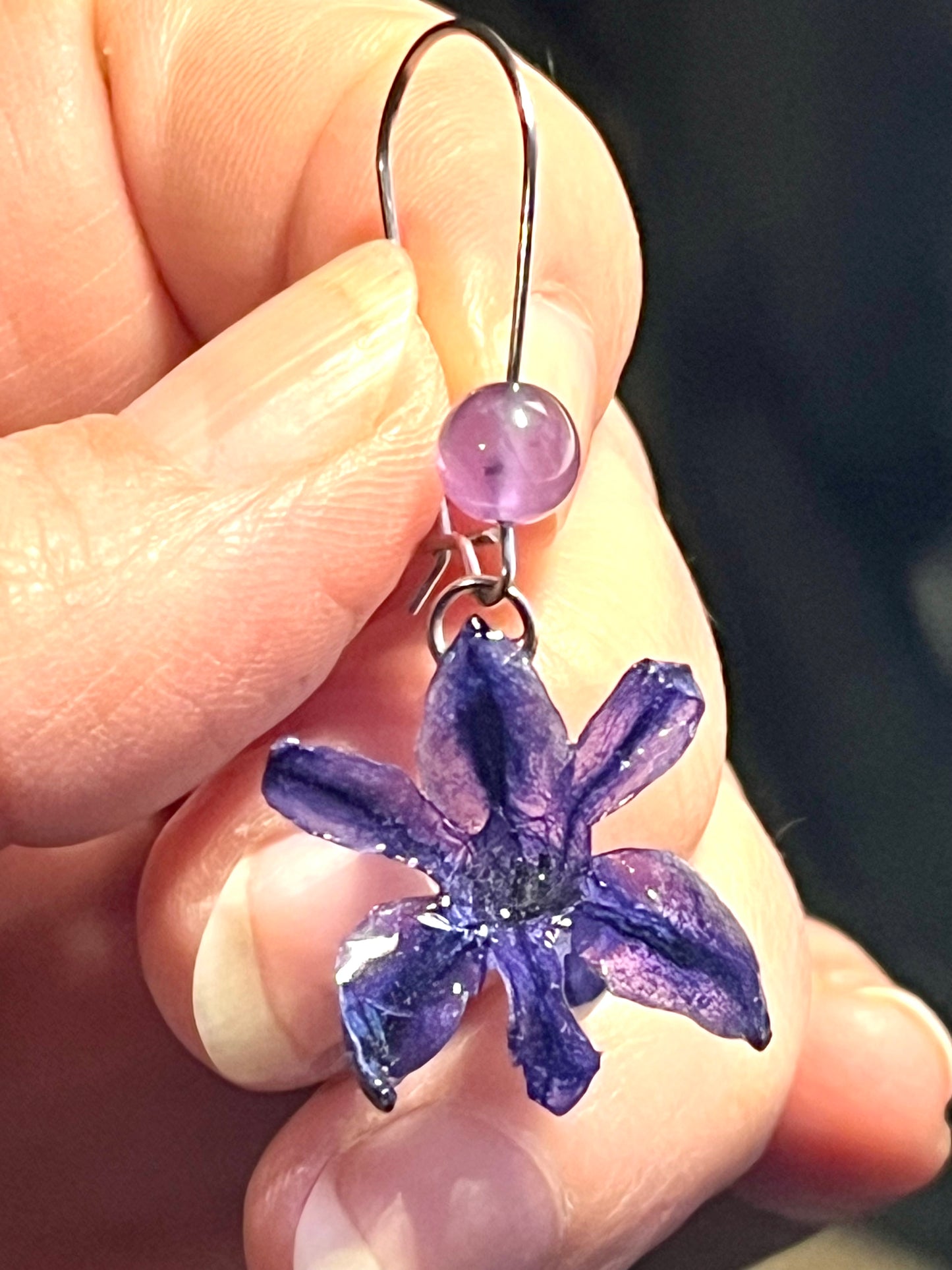 Boucles d’oreilles fleurs Jacynthe bleue & améthyste