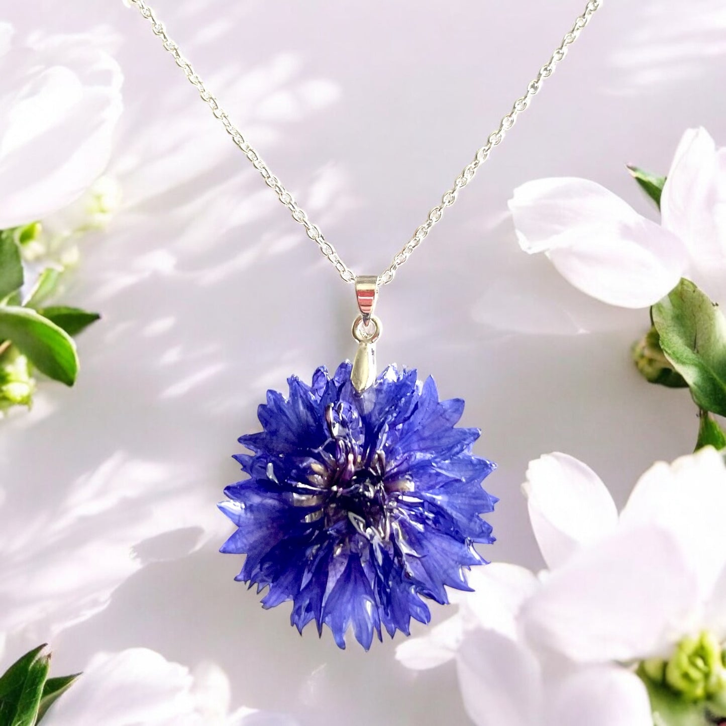 Collier fleur naturelle de Bleuet argent sterling 925