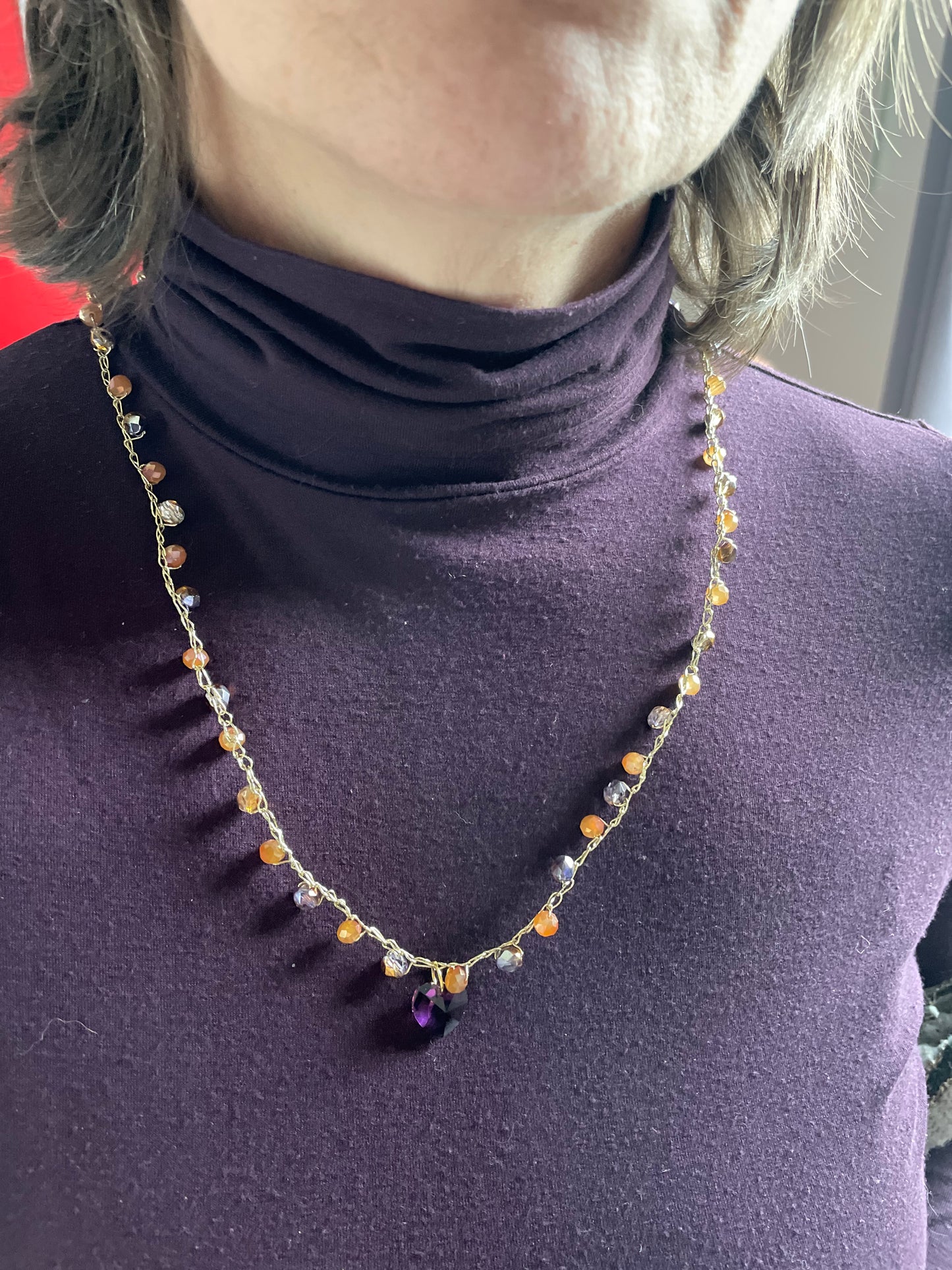 Collier perles de verre & cœur Swarovski améthyste