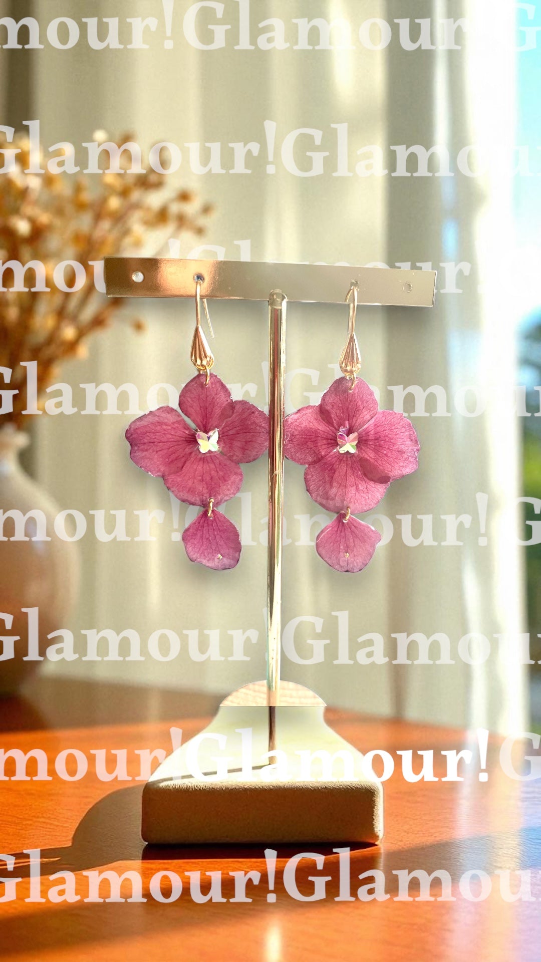 Boucles d’oreilles hortensias rose papillon