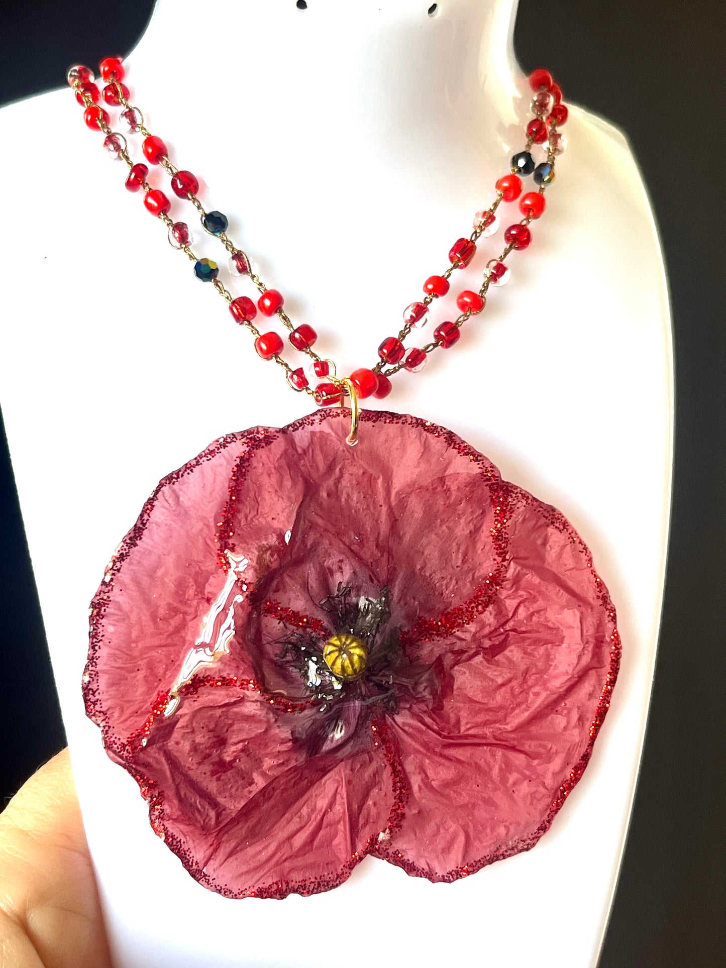 🌺 Collier Coquelicot Naturel – Fleur véritable rouge 🌺
