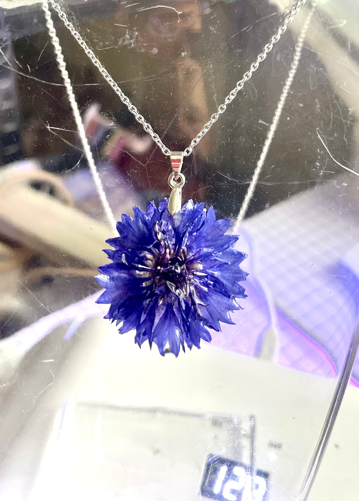Collier fleur naturelle de Bleuet argent sterling 925