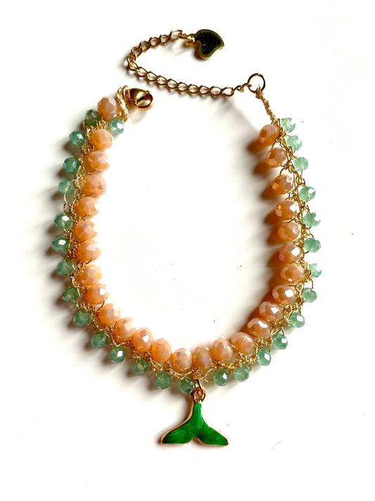 Bracelet perles de verres abricot &vert queue de sirène