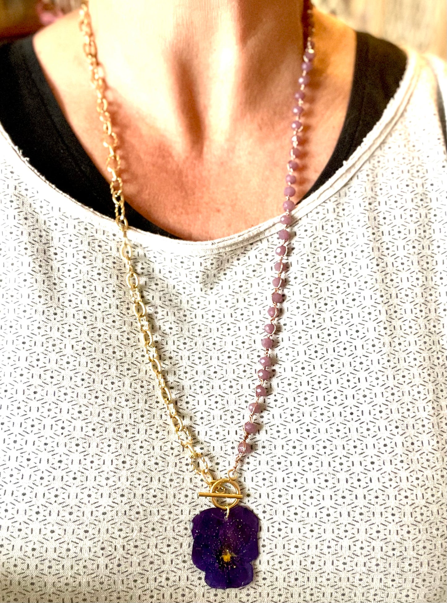 Collier bi-matière perles de verre & pensée