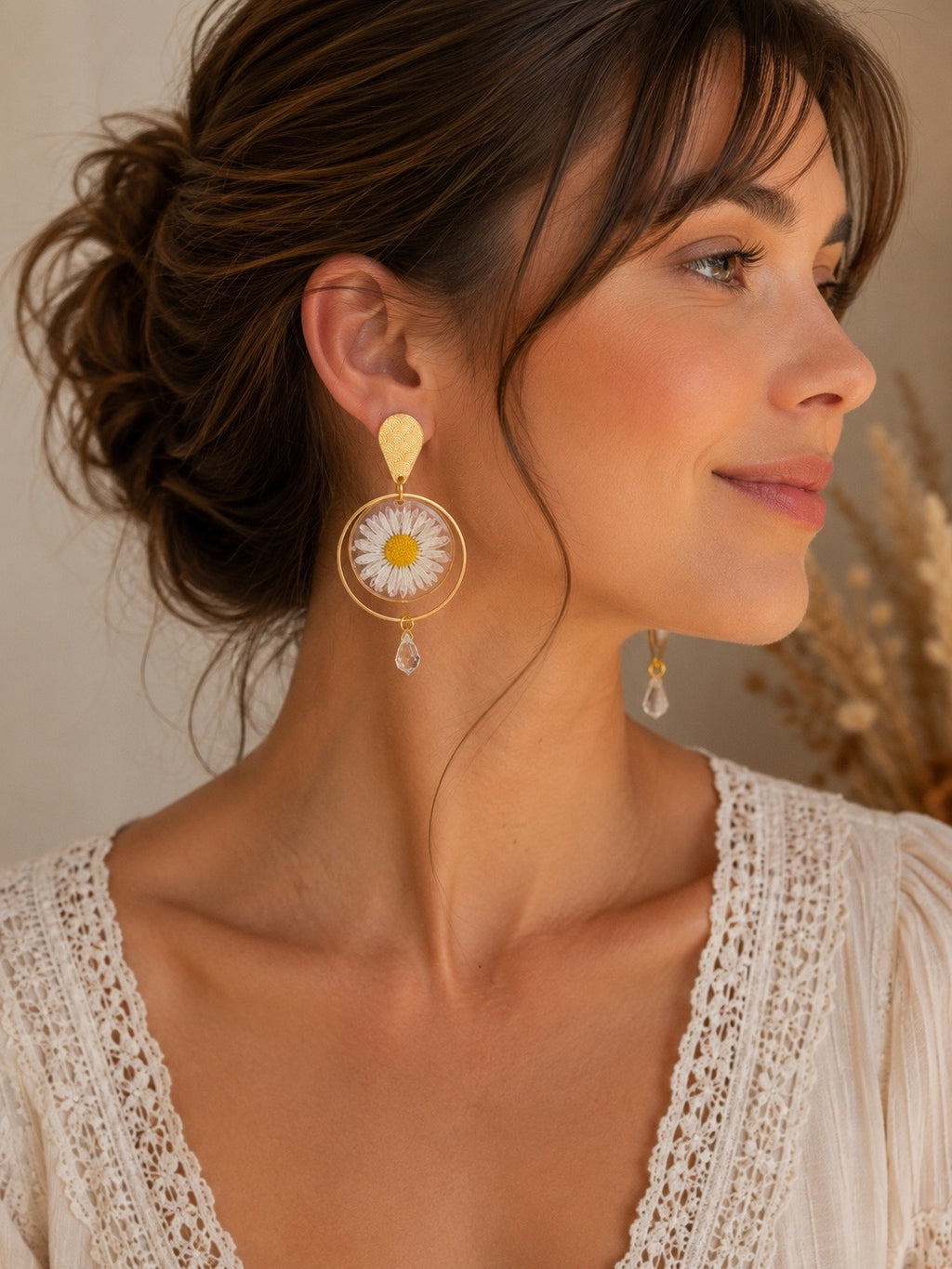 Boucles d’oreilles pâquerettes & gouttes de cristal Preciosa