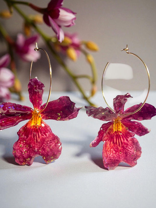 Boucles d’oreilles créoles fleurs orchidée Cattleya
