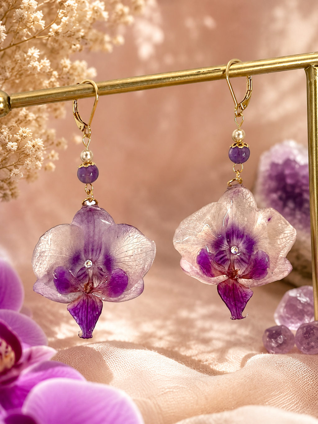 Orchid & Amethyst Earrings – Preserved Natural Flower