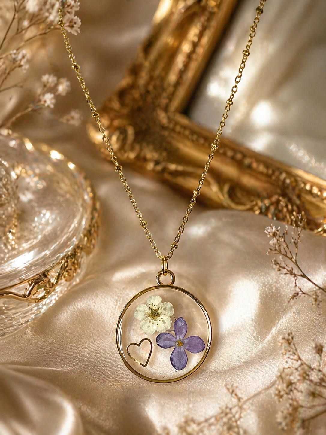 🌸 Collier médaillon fleurs de lilas & églantine