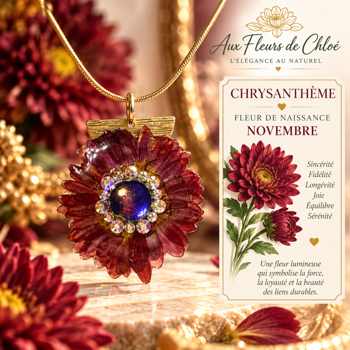 Halskette Chrysantheme & Strass „Federn“