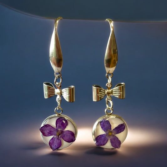 Boucles d’oreilles argentées Lilas & petits noeuds