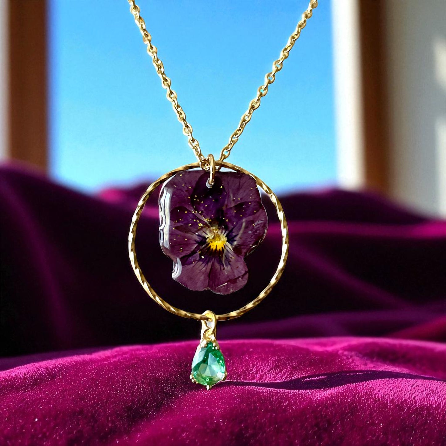 Collier pensée Bordeau & zircon  bleu vert