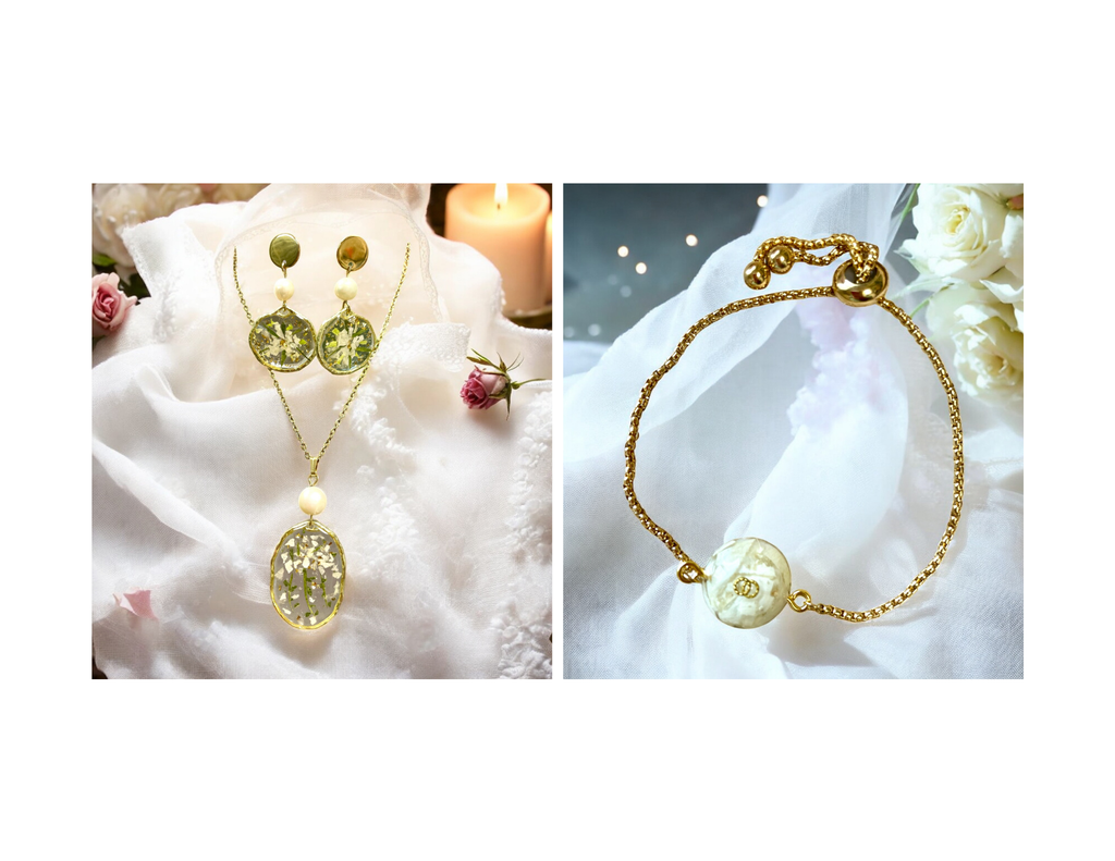 Bijoux avec fleurs bouquet de mariée