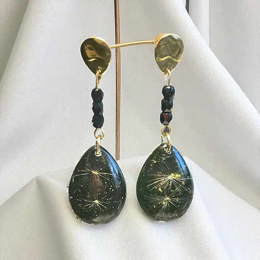 Boucles d’oreilles larmes de pissenlit & perles noires