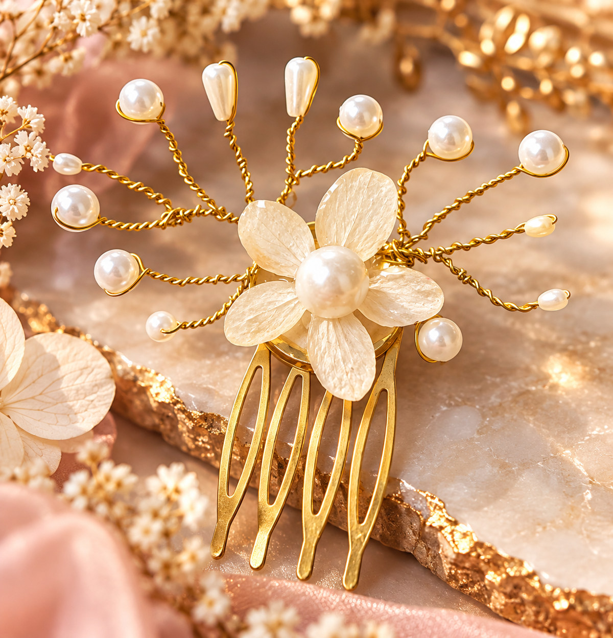 Peigne de mariage Fleur d’Or – Perles nacrées et dorures