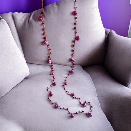 Collier sautoir perles de céramiques &verre grenat