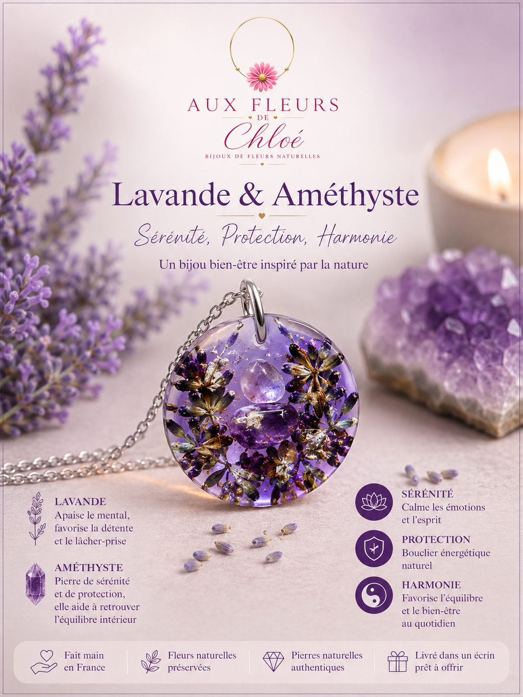 Collier Bien-être Lavande & Améthyste – Fleur naturelle et pierre naturelle