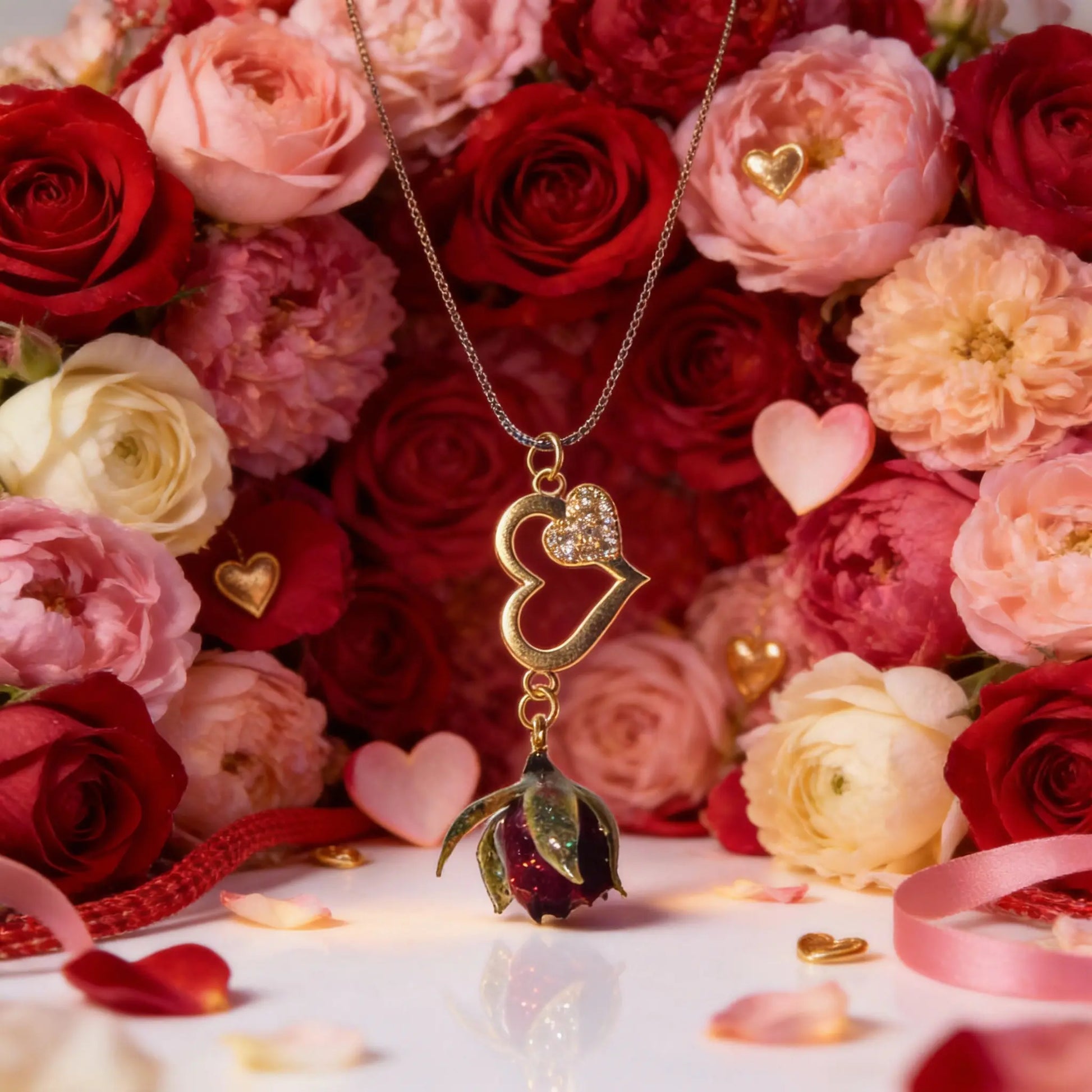 Collier bouton de Rose rouge & cœur zircons Aux fleurs de Chloé