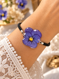 Bracelet Pensée Violette Résinée – Cordon Noir & Finitions Argentées