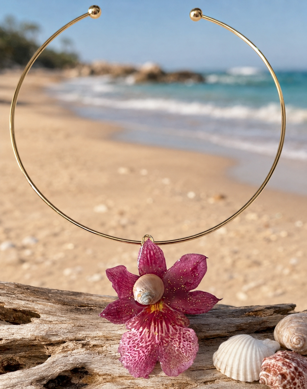 Collier ras-du-cou orchidée cambria naturelle et coquillage