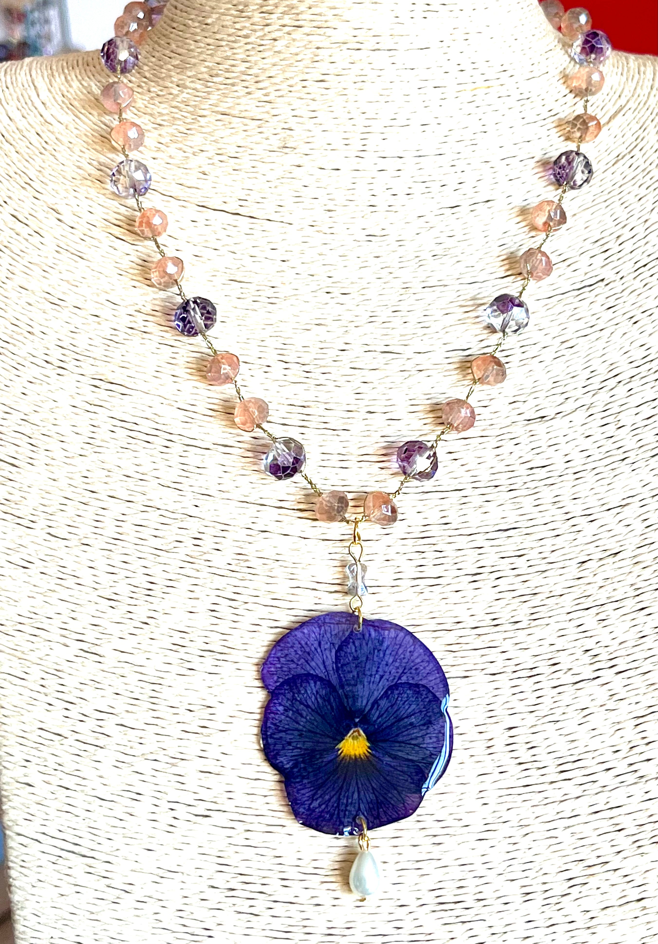 Violet Pansy Flower Necklace – Handmade floral jewelry with a mother-of-pearl bead
