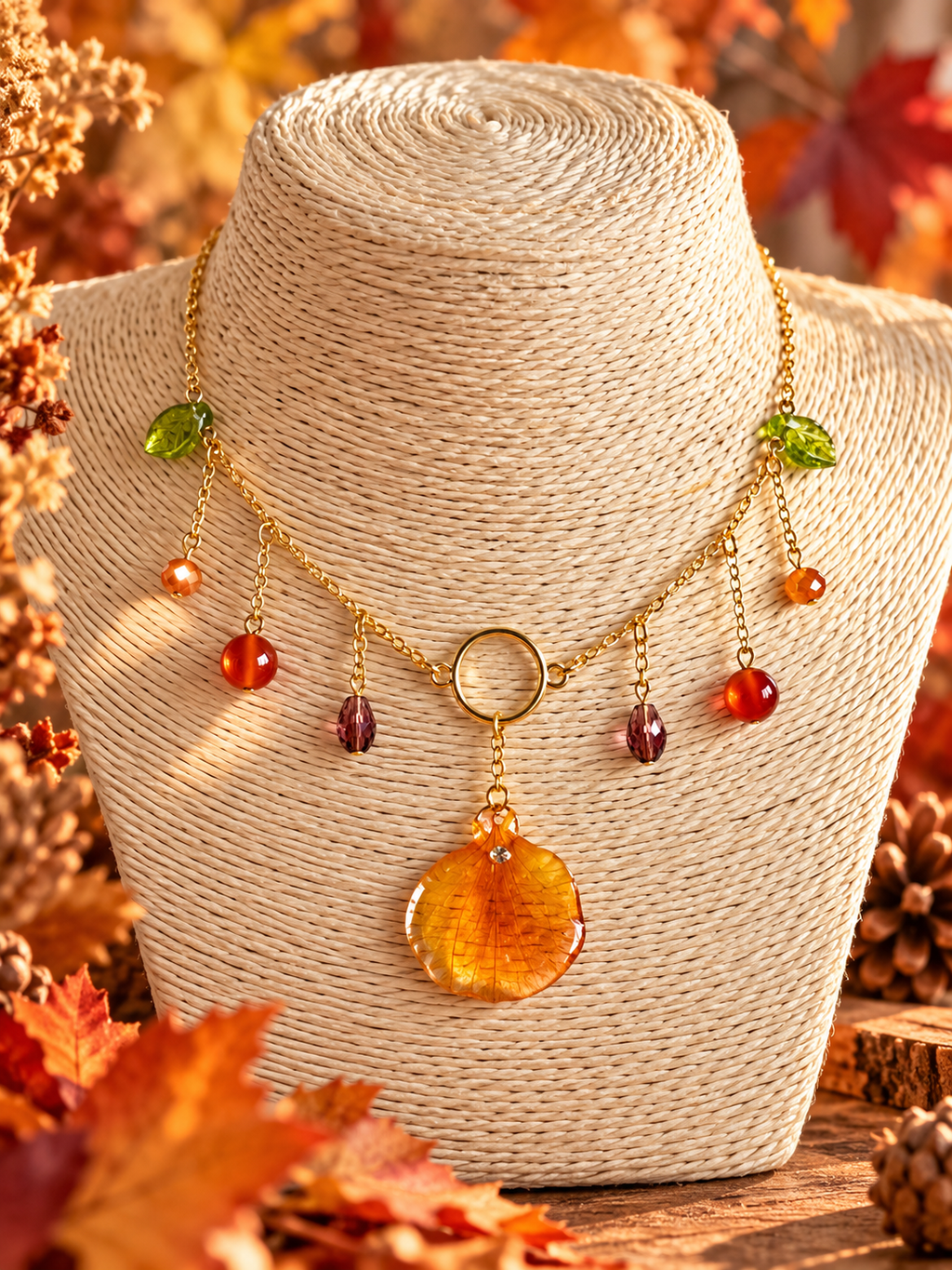 Éclat d’Automne – Collier pétale de Capucine & pierres naturelles