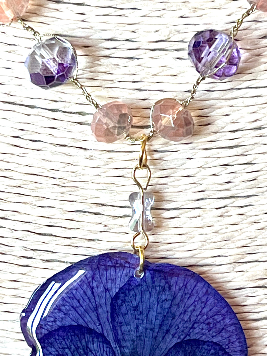 Violet Pansy Flower Necklace – Handmade floral jewelry with a mother-of-pearl bead