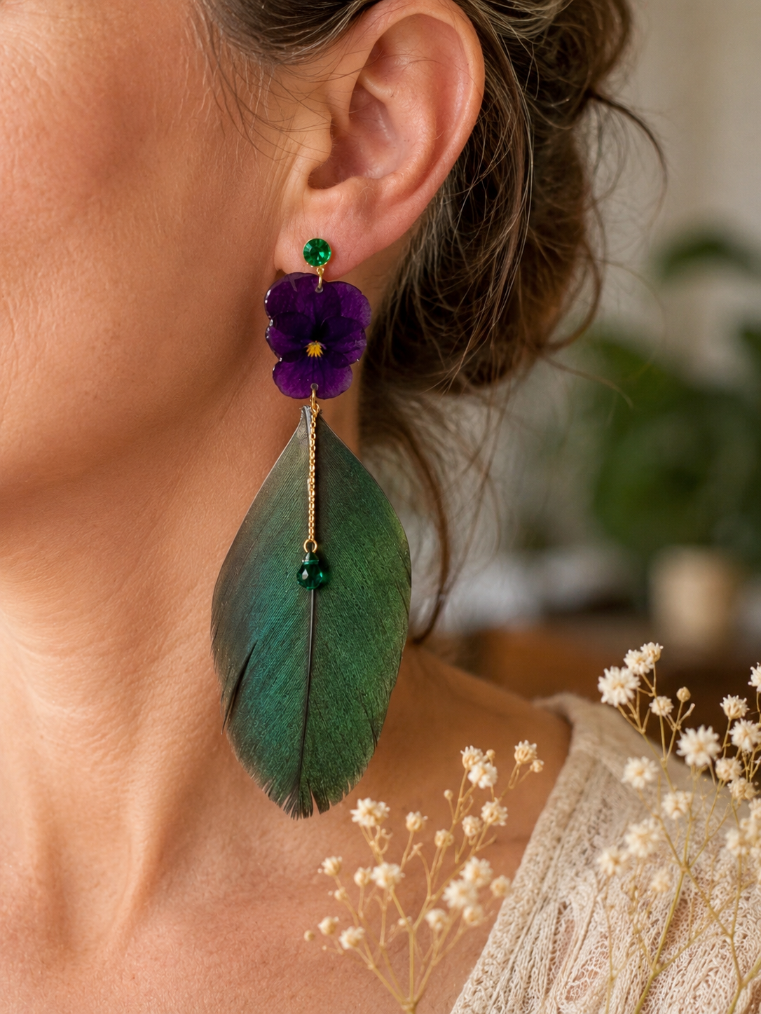 Boucles d’oreilles Pensées & plumes de paon 🦚