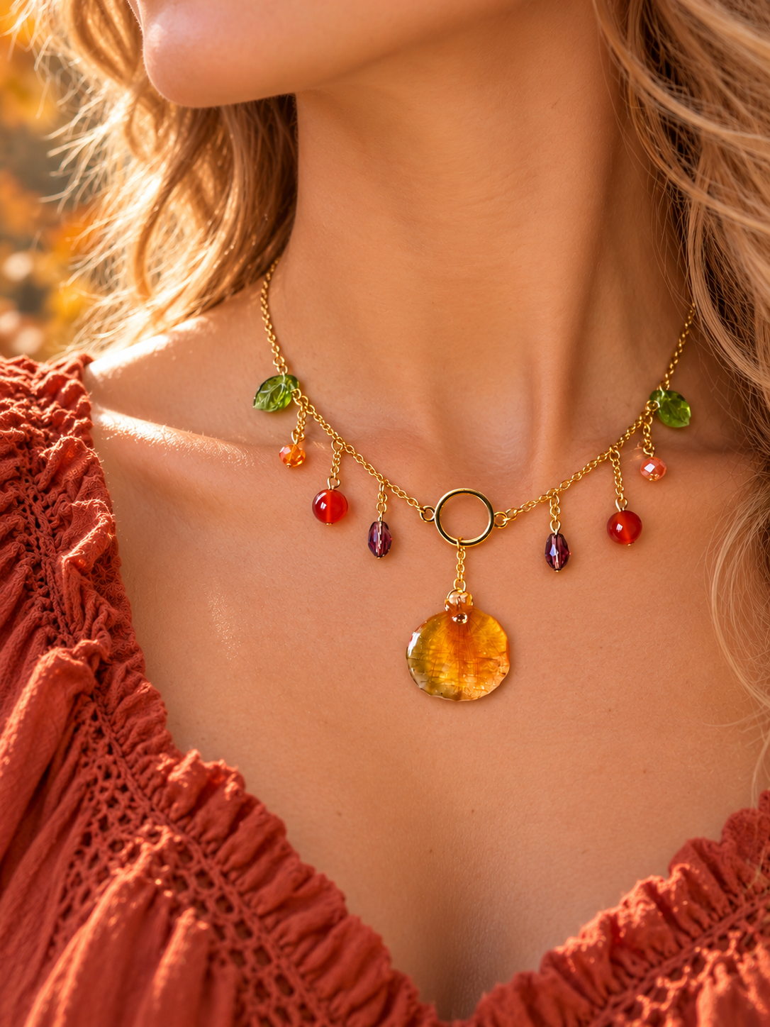 Éclat d’Automne – Collier pétale de Capucine & pierres naturelles