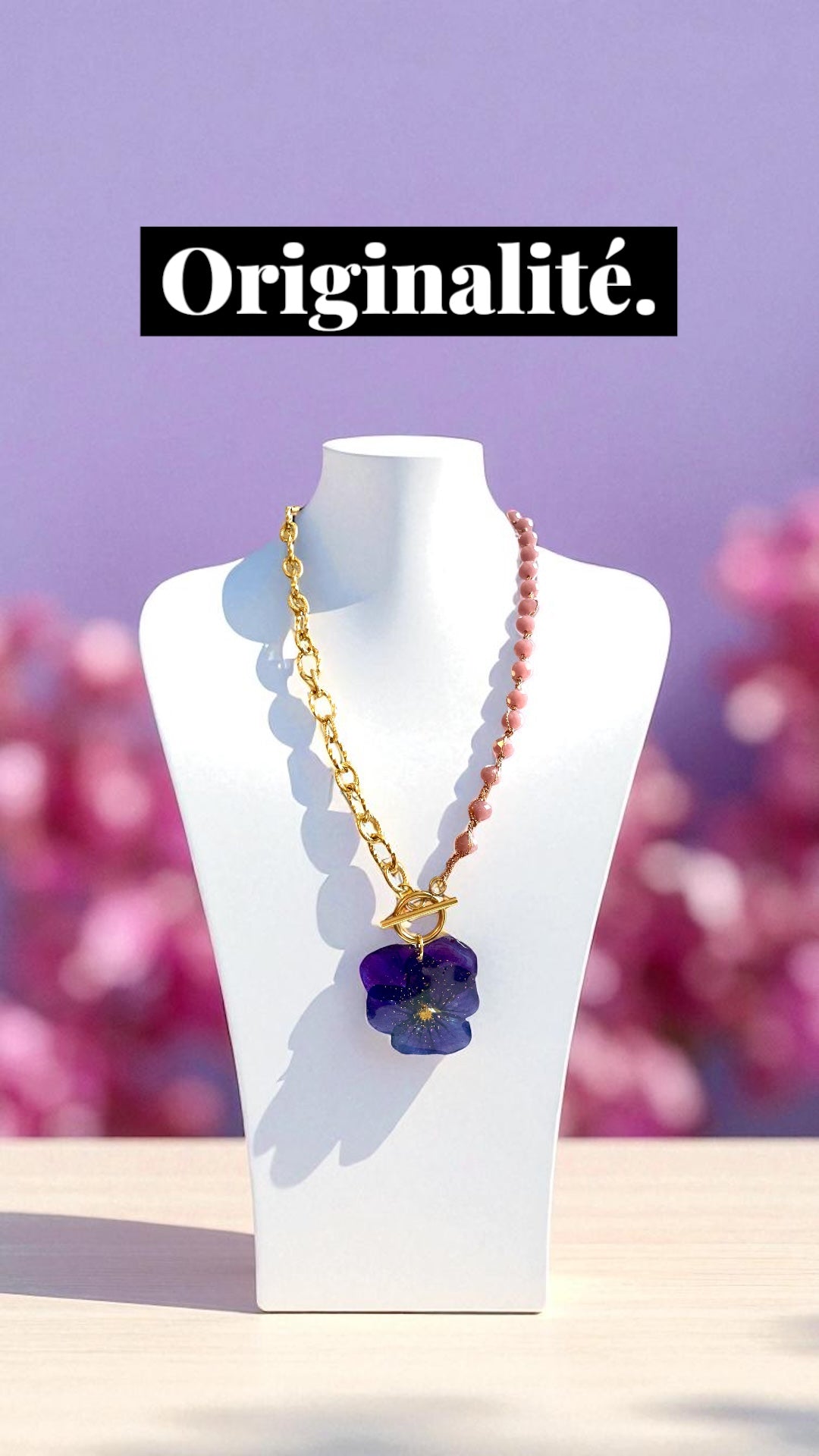 Collier bi-matière perles de verre & pensée