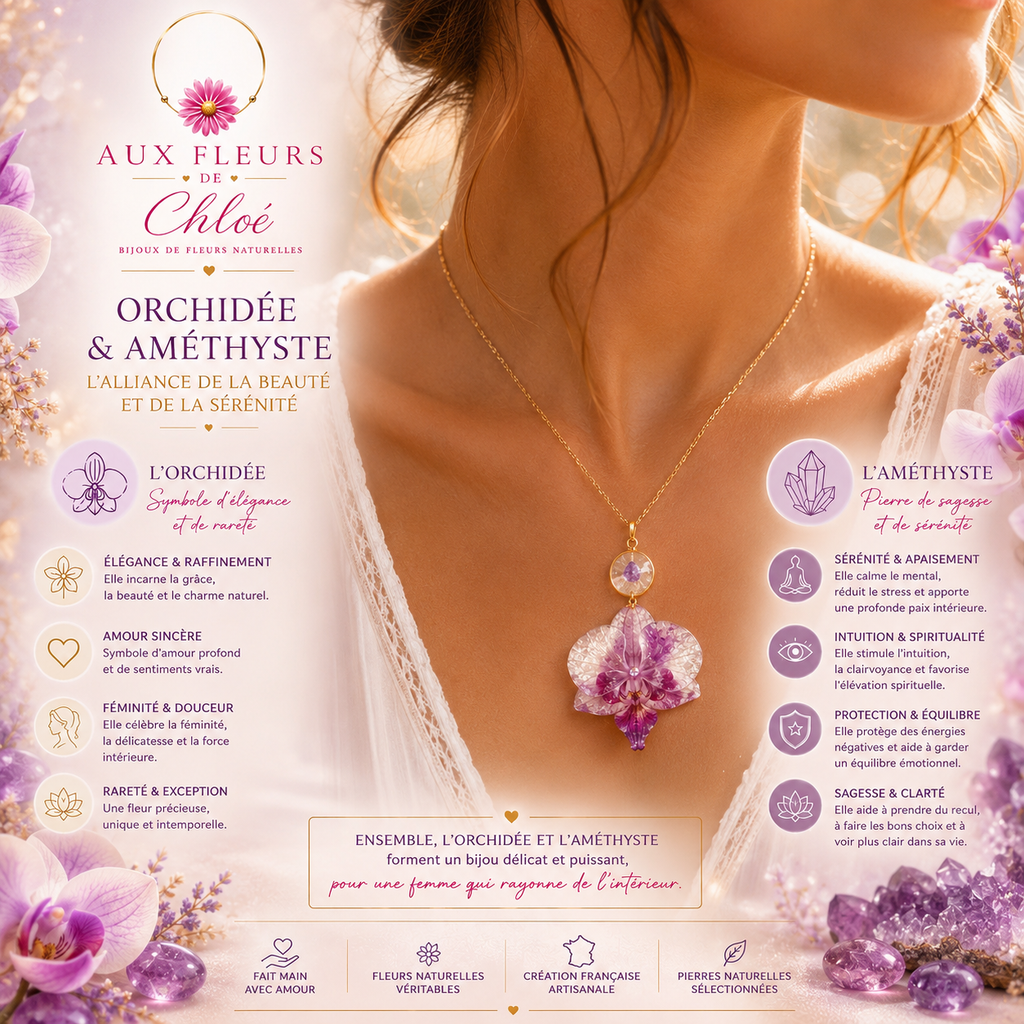 Orchid & Amethyst Necklace – Natural flower -Gilded handmade jewelry