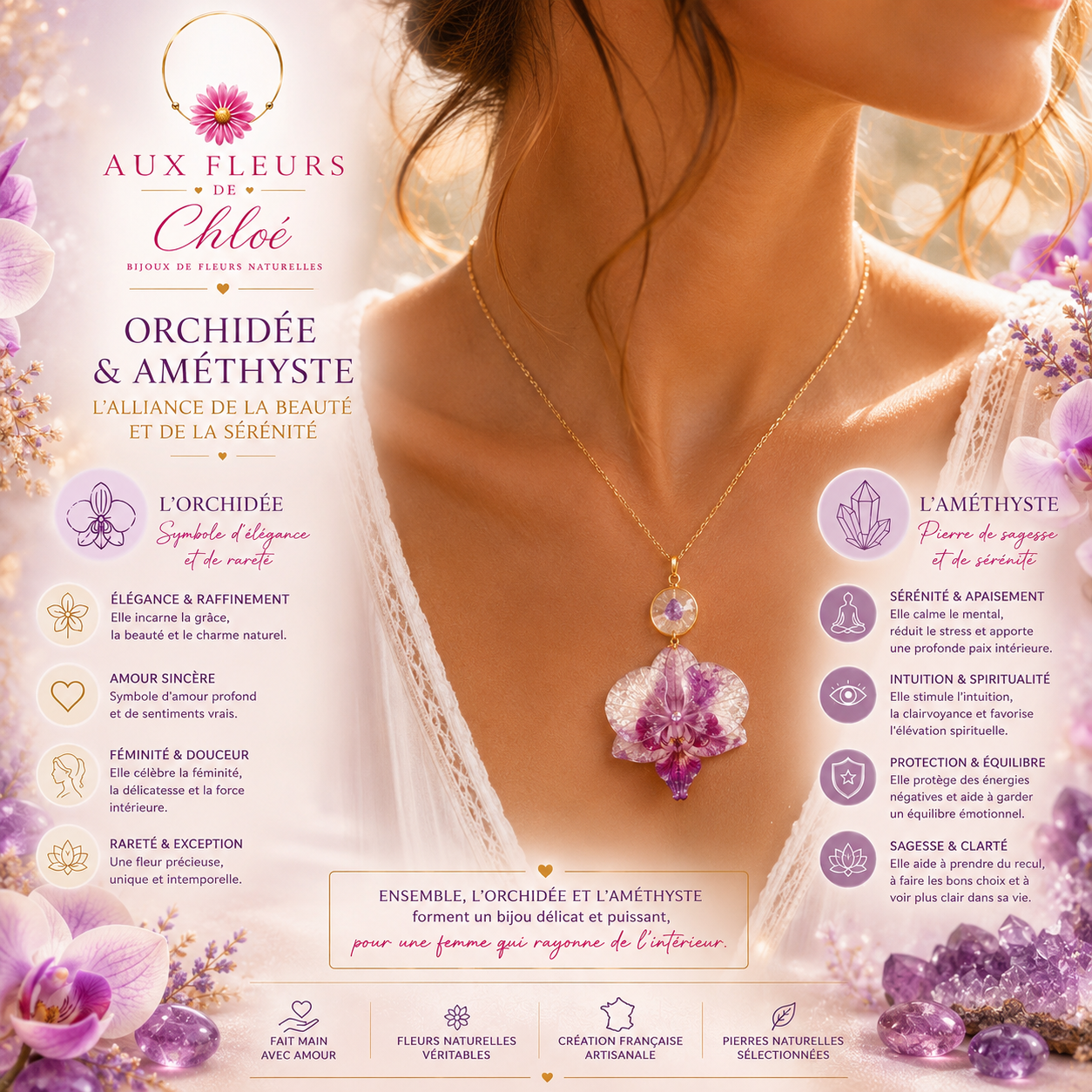 Orchid & Amethyst Necklace – Natural flower -Gilded handmade jewelry