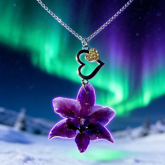Collier mini orchidée violette & cœur