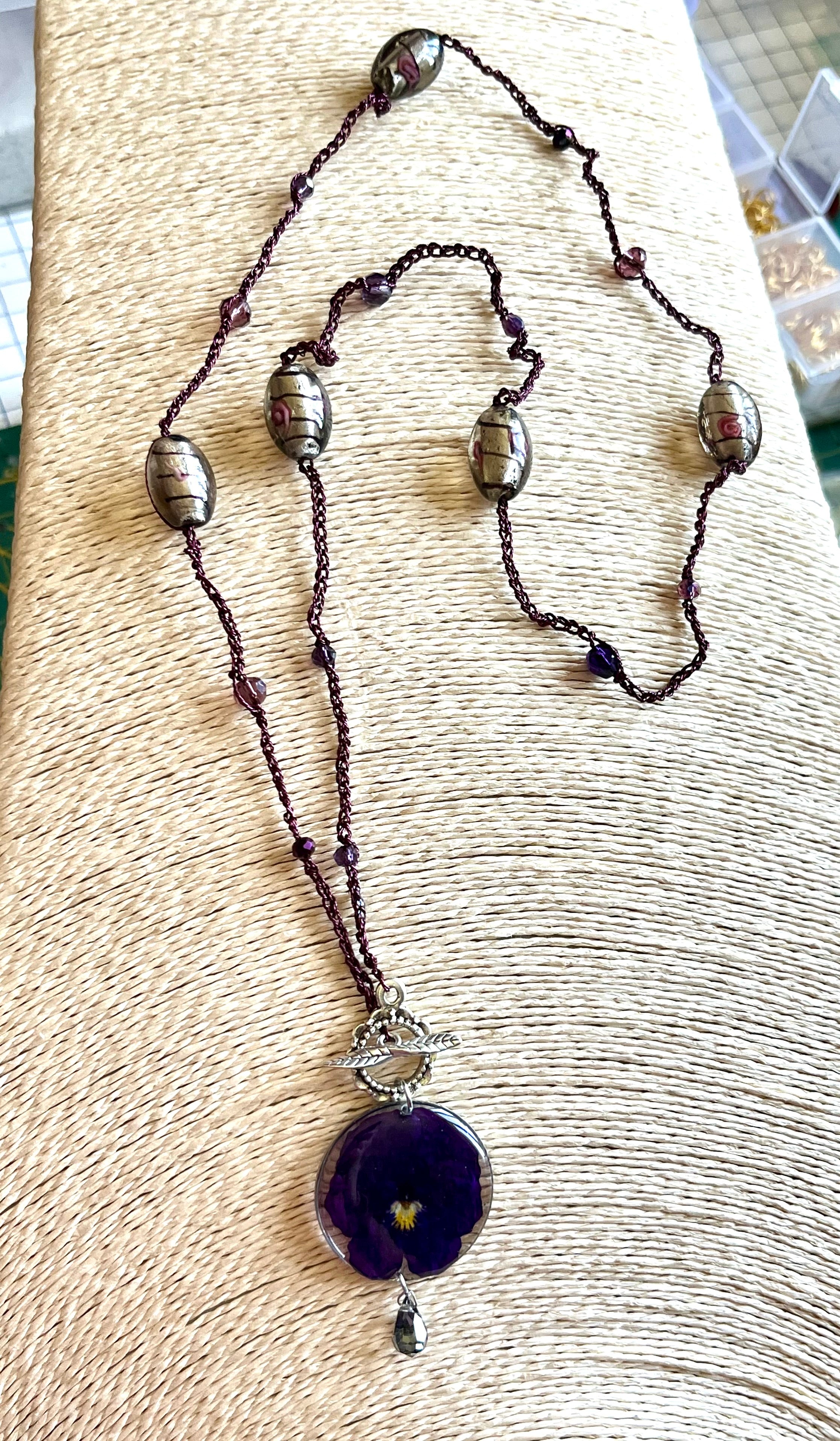 Encapsulated Purple Pansy Pendant Necklace - Handcrafted Bohemian Style