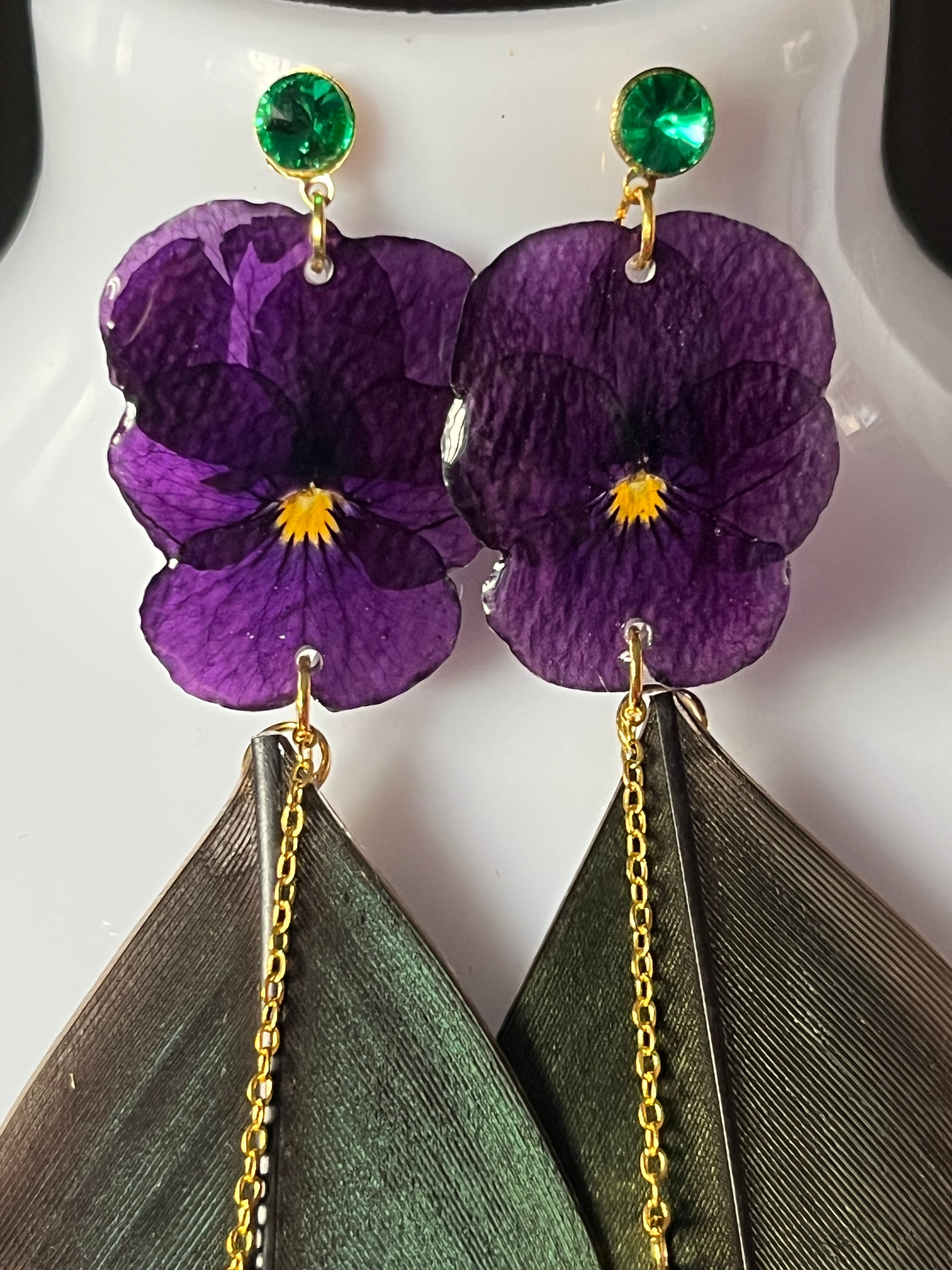 Boucles d’oreilles Pensées & plumes de paon 🦚