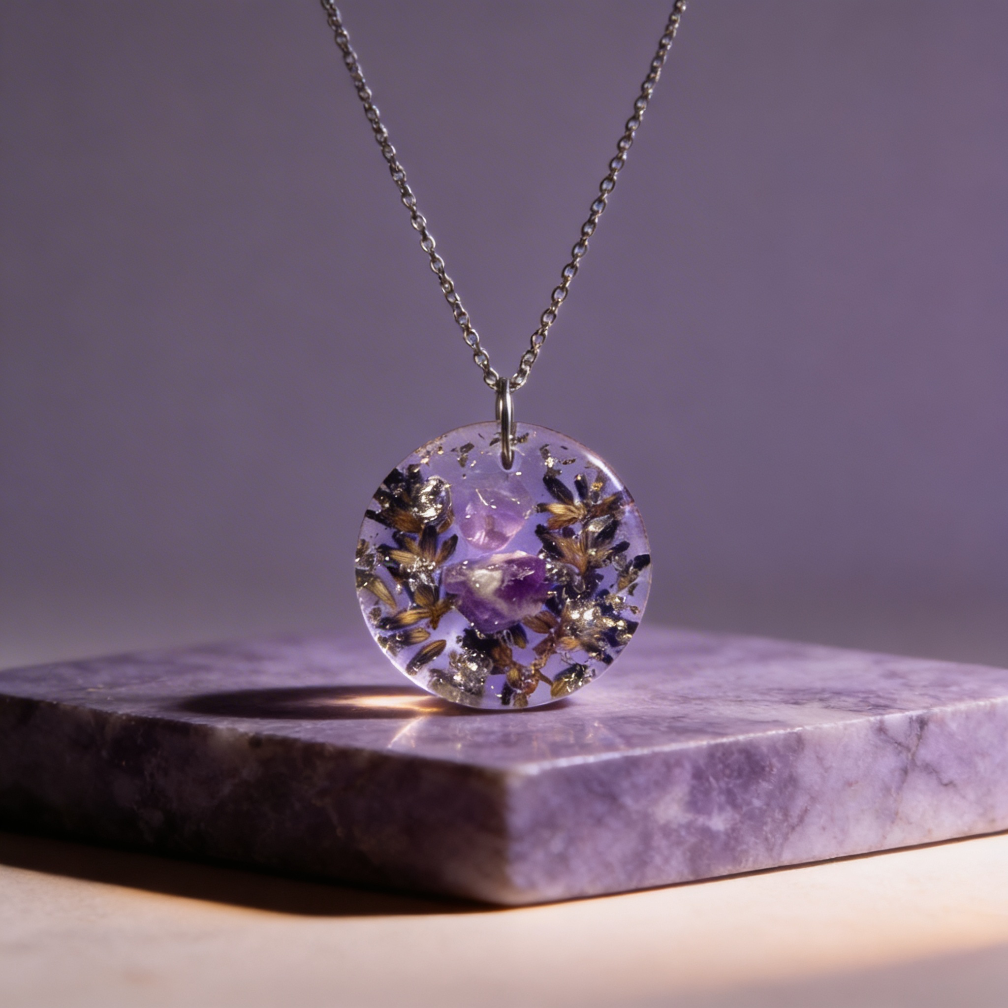 Collier Bien-être Lavande & Améthyste – Fleur naturelle et pierre naturelle