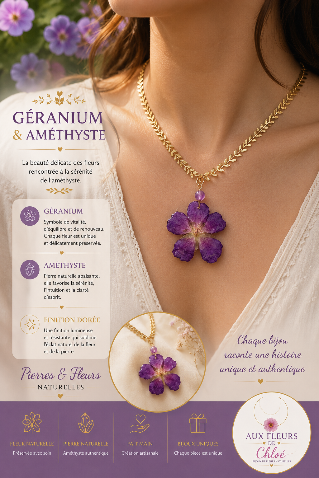 Collier Géranium & Améthyste – Fleur naturelle