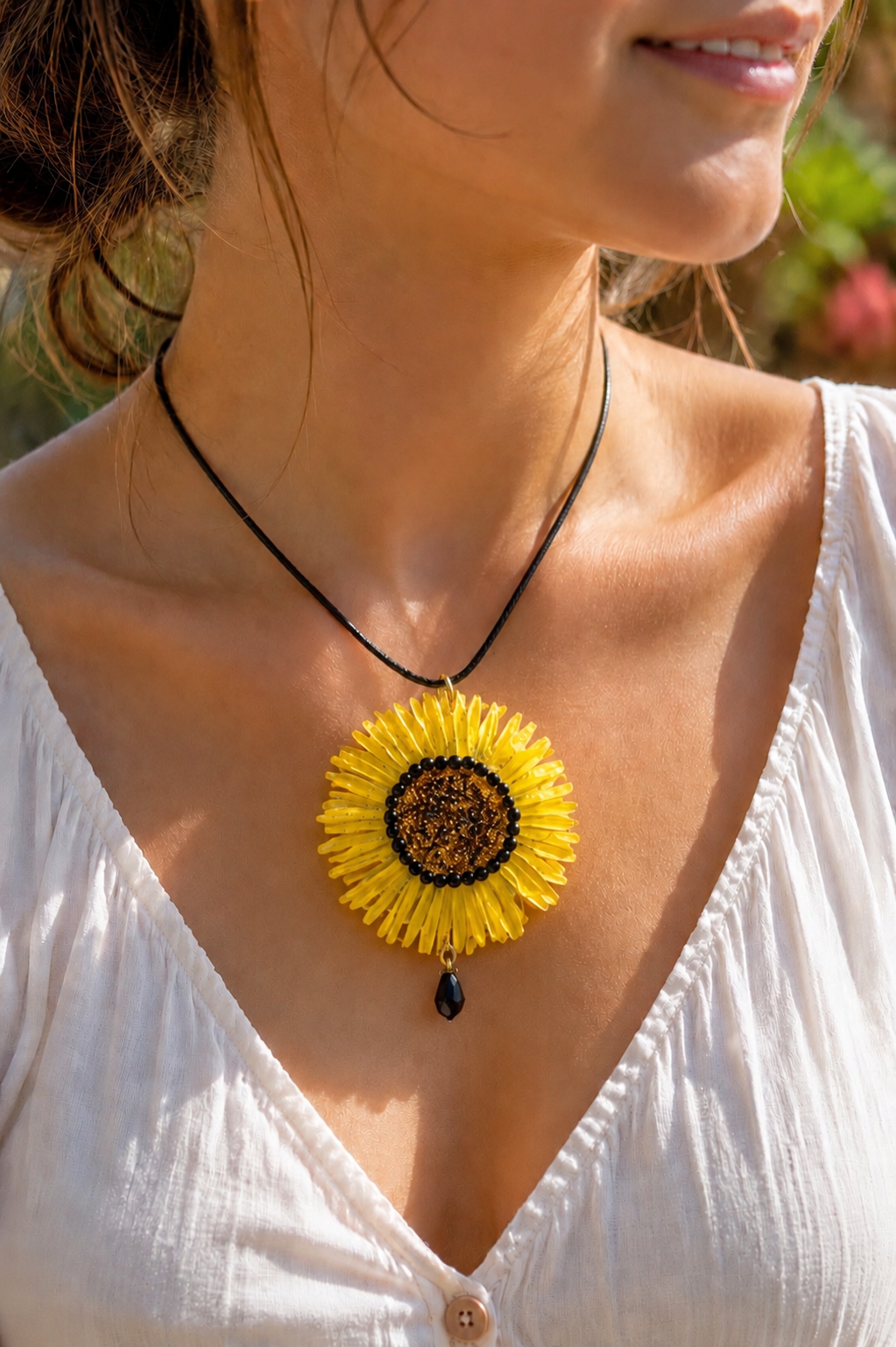 Collier Grande Marguerite en fleur naturelle résinée
