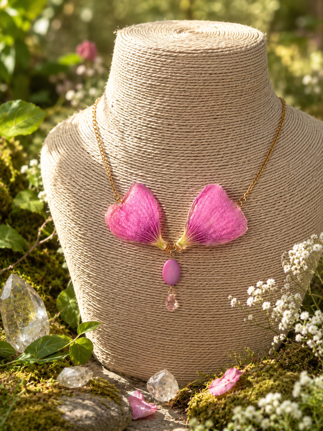 Collier Ailes de Fée – Rose Trémière & Cristal Preciosa