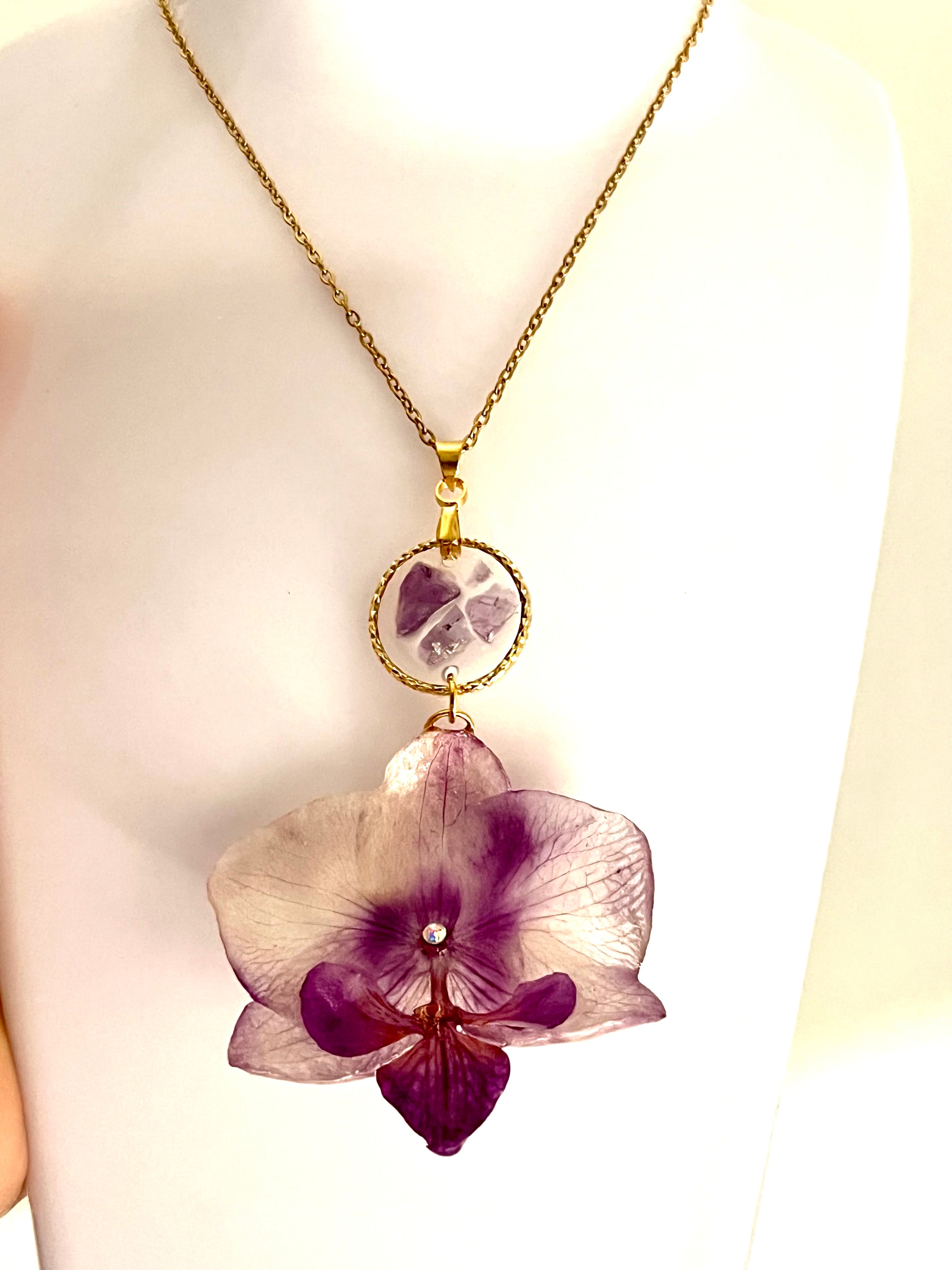 Orchid & Amethyst Necklace – Natural flower -Gilded handmade jewelry