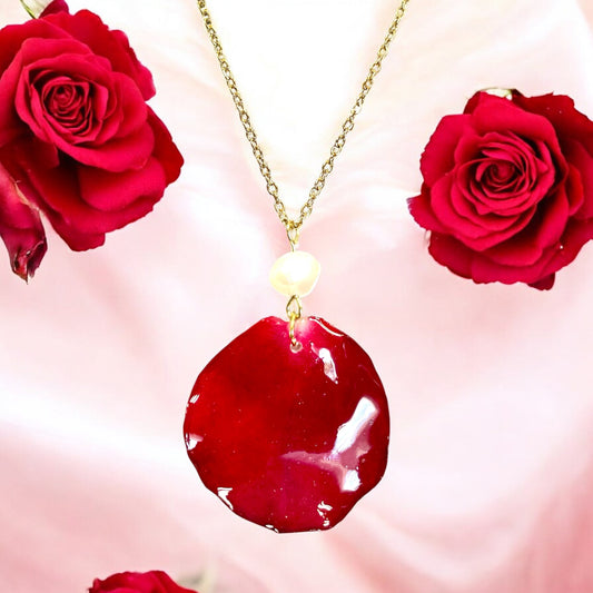 Collier pétale rose rouge & perle