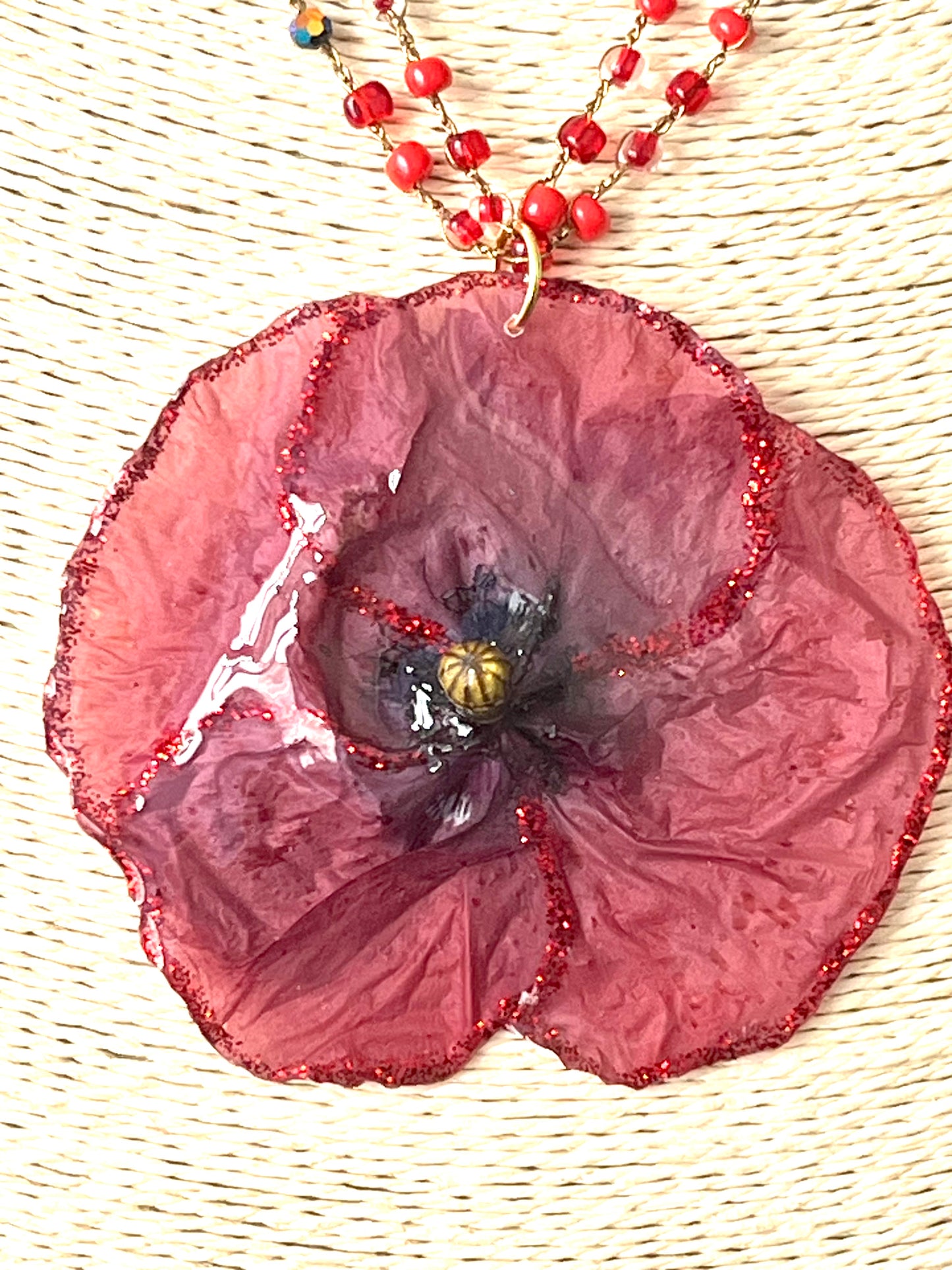 🌺 Collier Coquelicot Naturel – Fleur véritable rouge 🌺