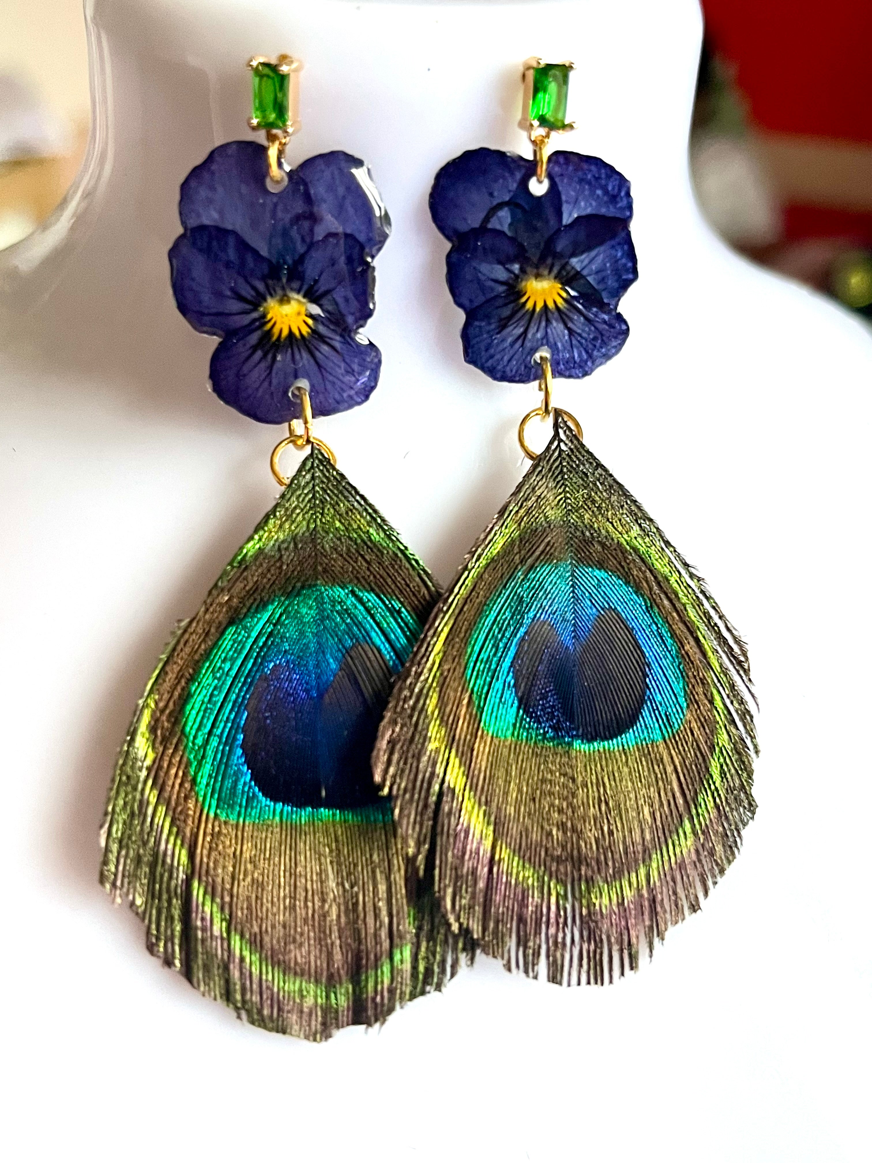 Boucles d’oreilles Pensées & plumes de Paon