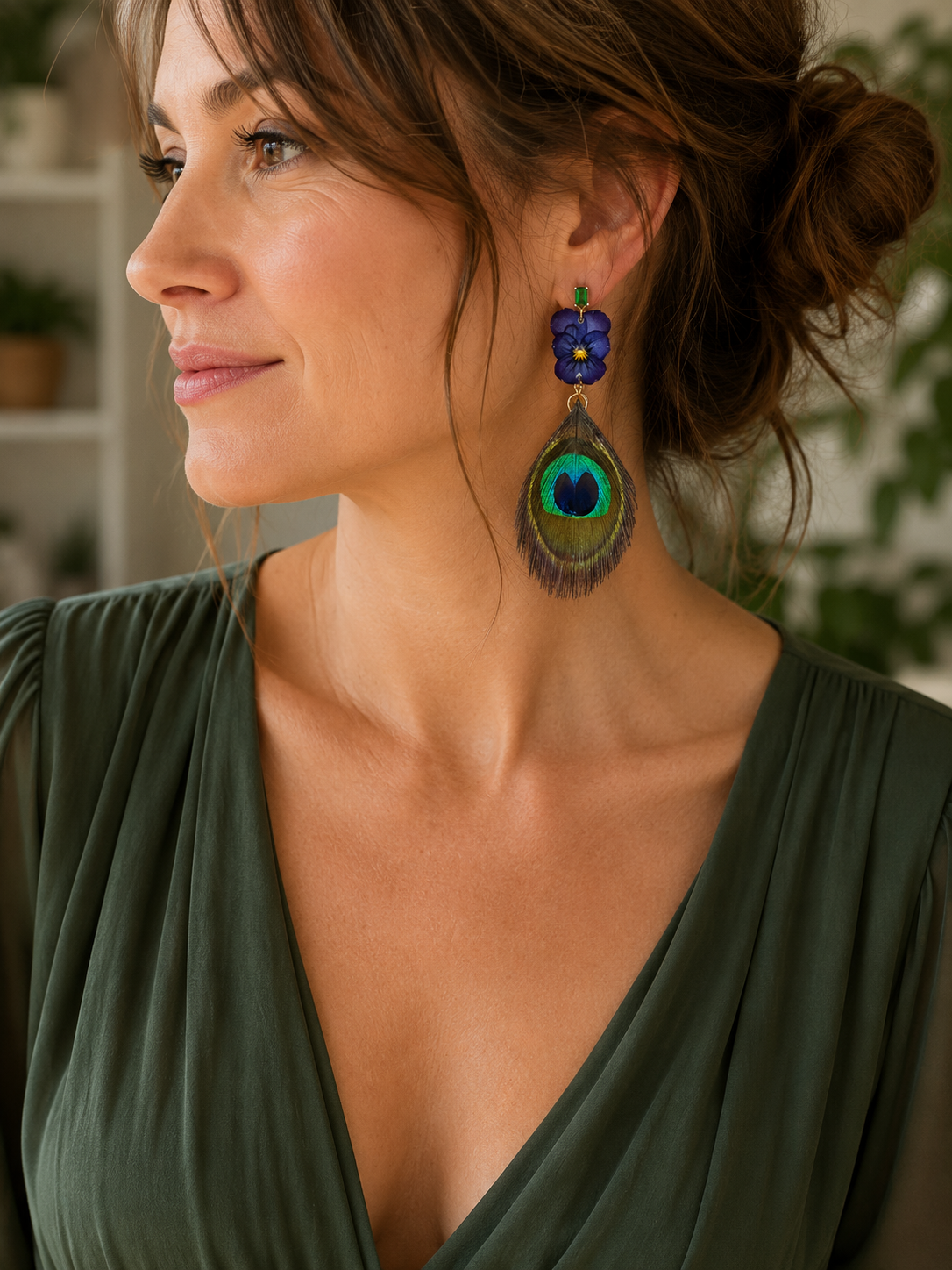 Boucles d’oreilles Pensées & plumes de Paon