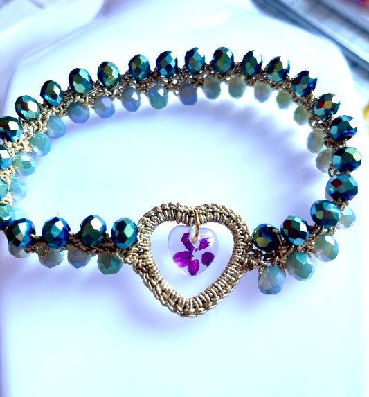 Bracelet  duo cœurs pétales  de fleur violette