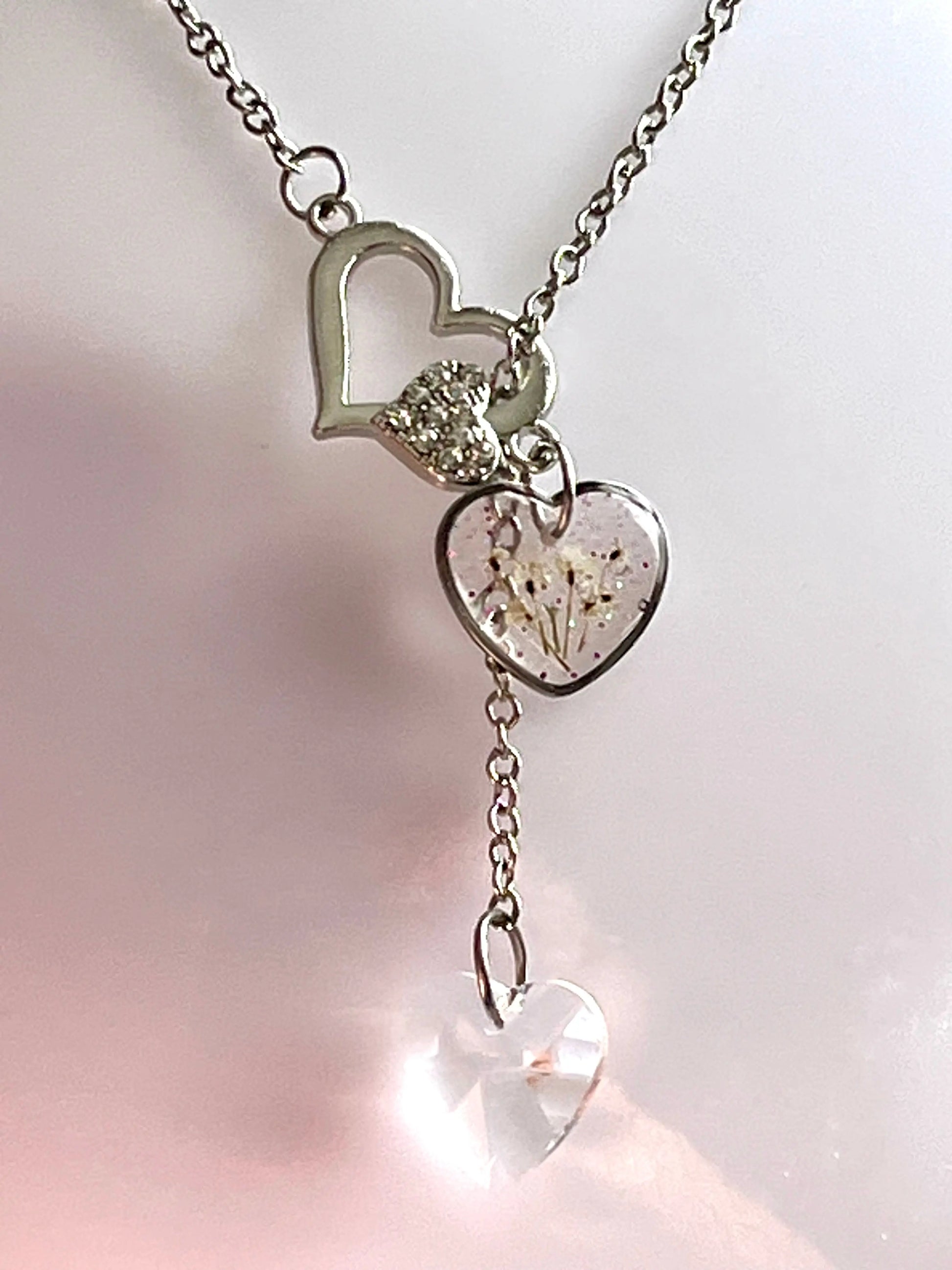 Parure de bijoux cœurs de fleurs de carotte sauvage & cristal Aux fleurs de Chloé