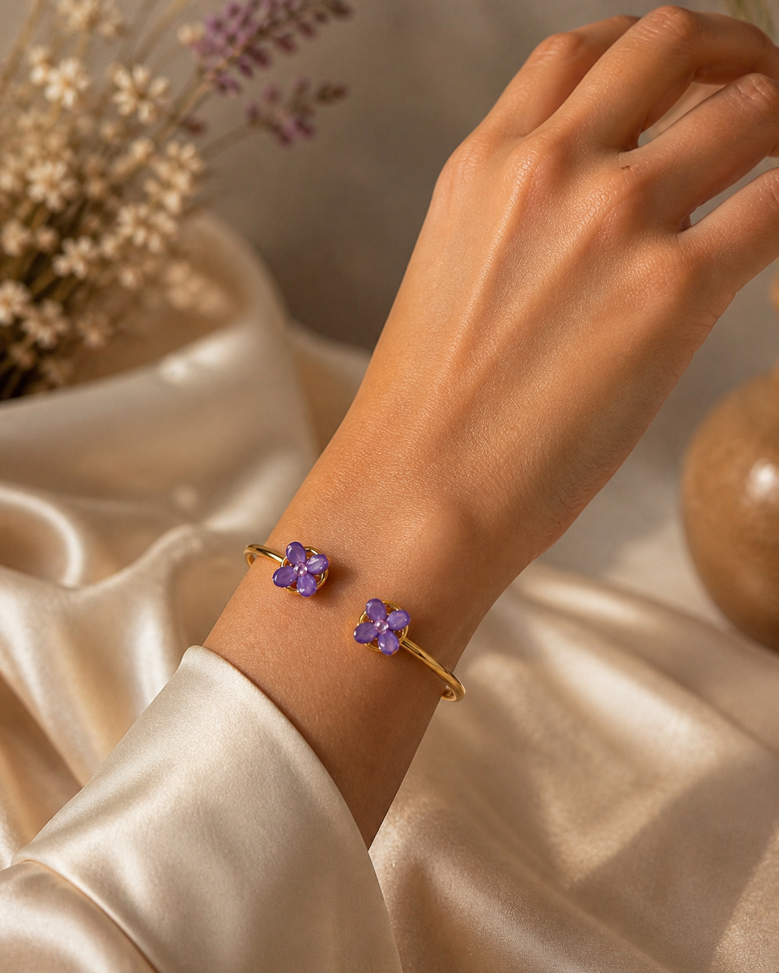 🌸 Bracelet Jonc Fleurs Lilas et Spirée