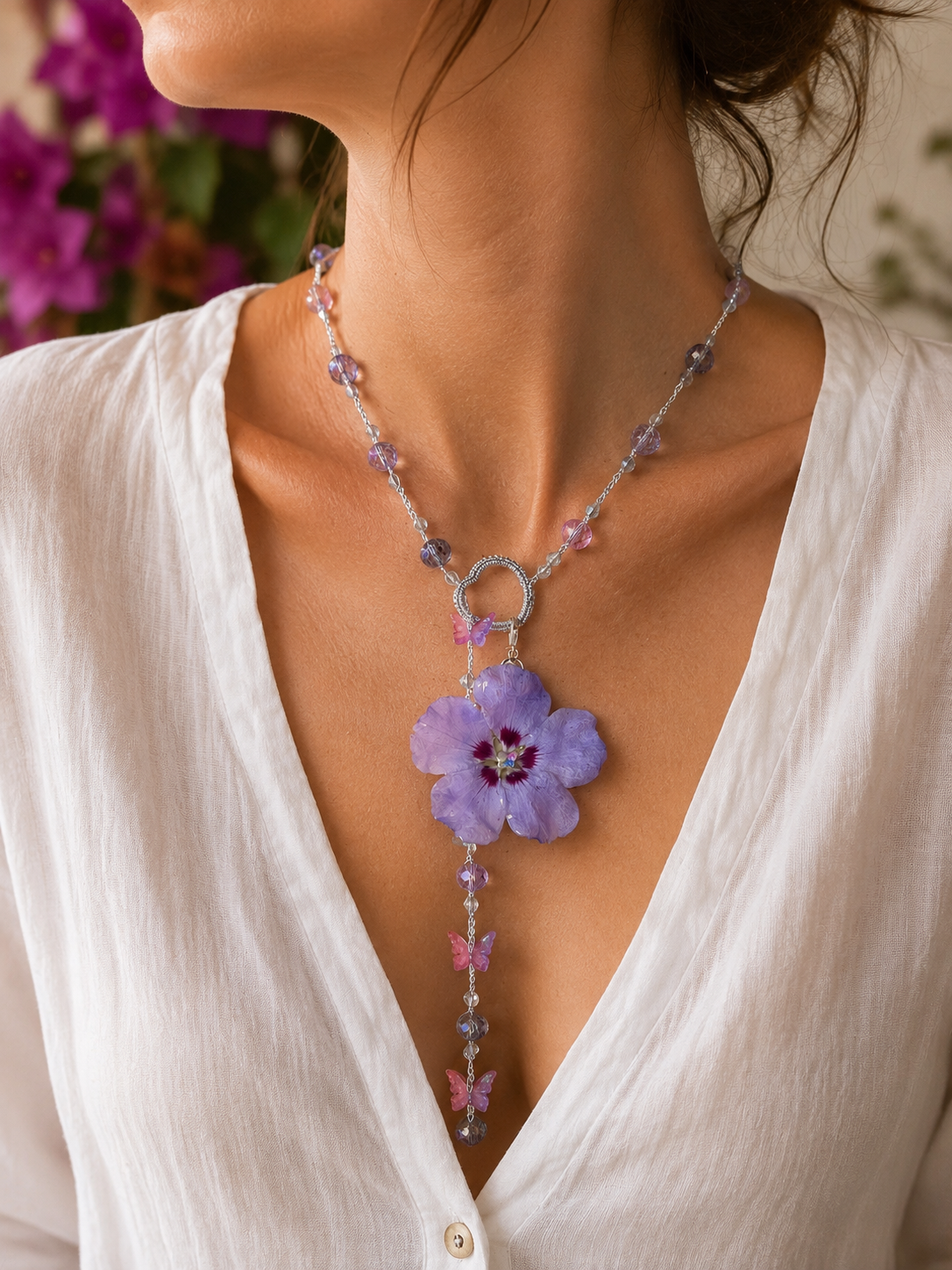 Collier sautoir Hibiscus & Papillons