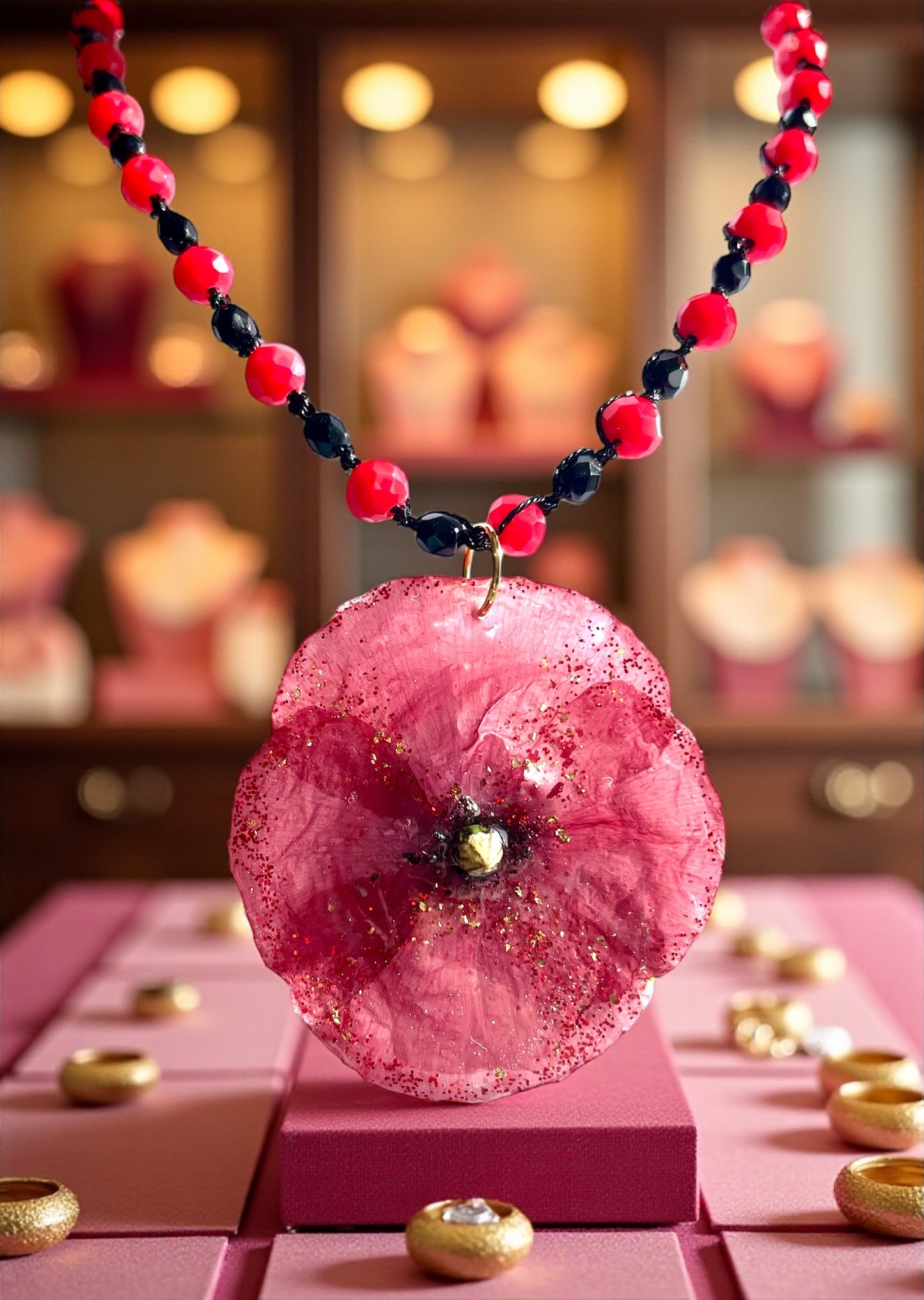 Collier Coquelicot & perles de verre