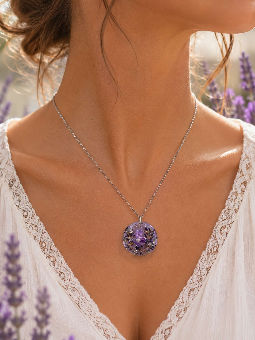 Collier Bien-être Lavande & Améthyste – Fleur naturelle et pierre naturelle