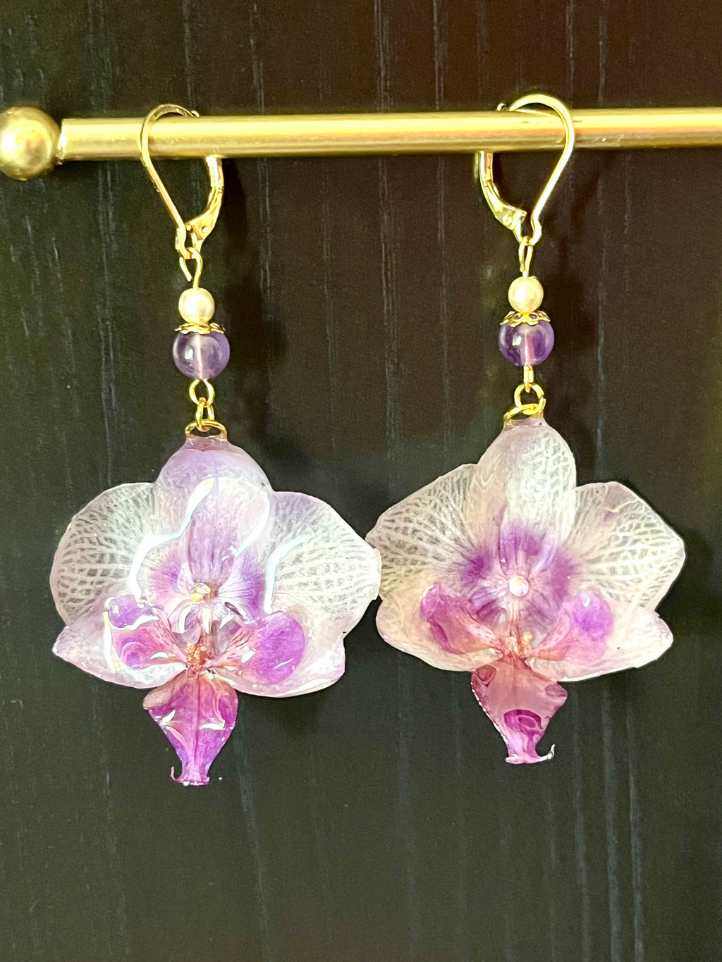 Orchid & Amethyst Earrings – Preserved Natural Flower